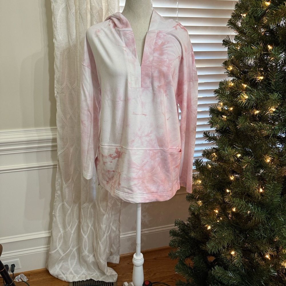 Melloday Tie Dye Hoodie Long Sleeve V Neck Pullover Pink White pockets XL